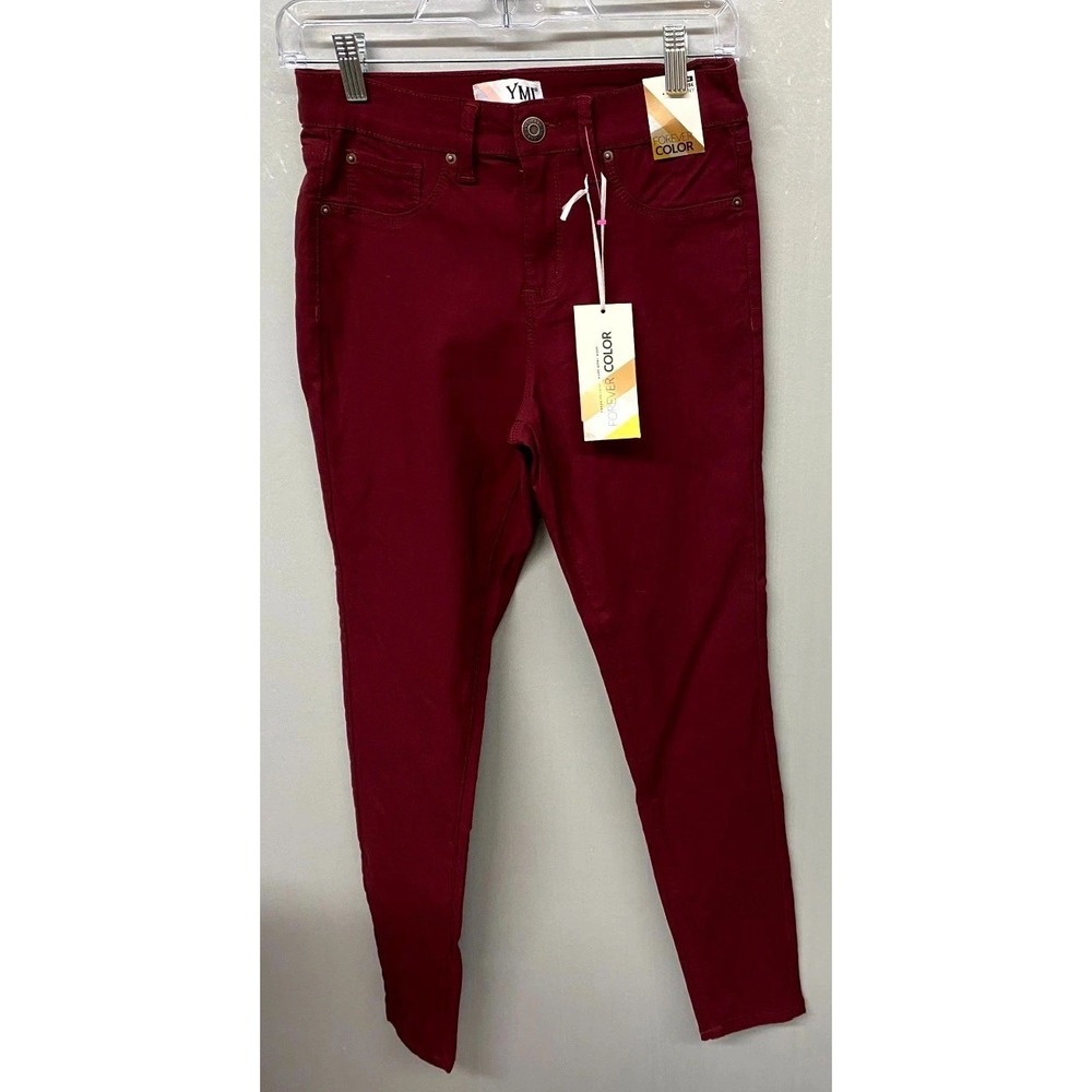 Ymi Jeans Womens Medium Maroon Denim Cotton Stretch Mid Rise Skinny Leg Zip Fly